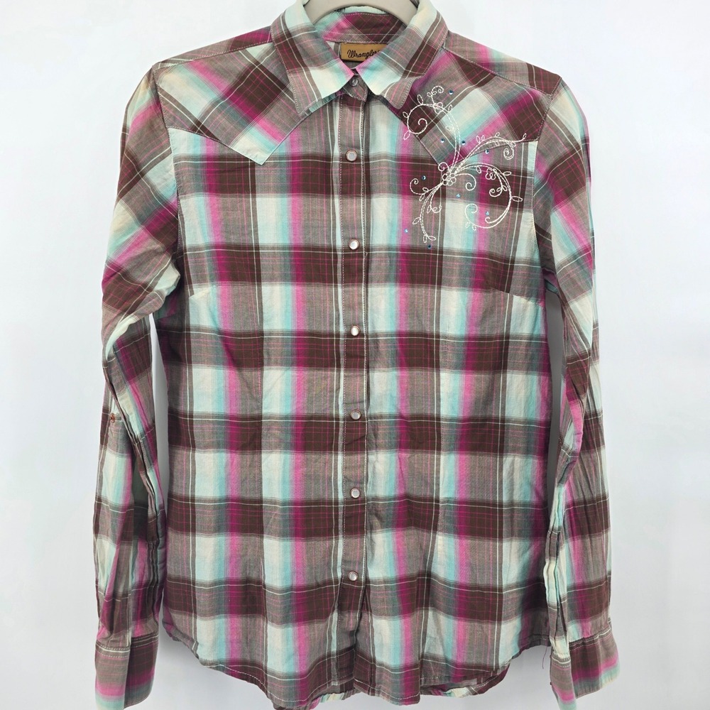 Wrangler Womens Plaid Pearl Snap Western Shirt Brown Pink Teal LW3301M Small‎